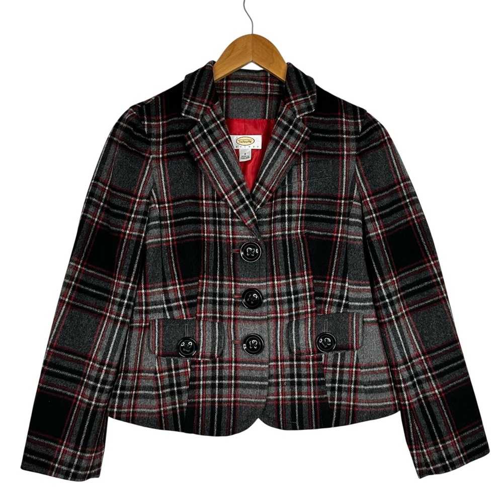 Talbots Petites Women 2P Wool Blend Plaid Blazer Red Gray Cropped Lined Jacket